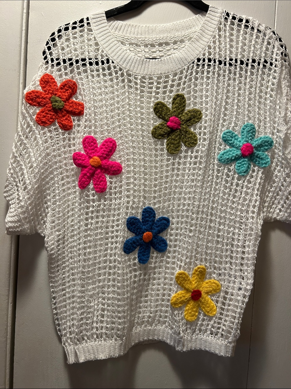 White Open-Knit Sweater with Multicolor Crochet Flowers
